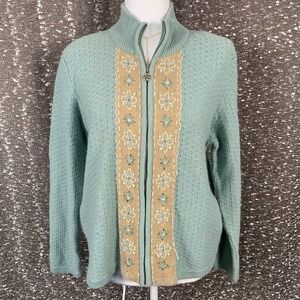 Vintage Napa Valley Blue Floral Knit Full Zip Sweater Cottagecore Women's Medium